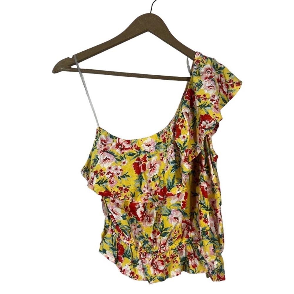 American Eagle One Shoulder Floral Ruffle Smocked Crop Top Yellow Boho Size S